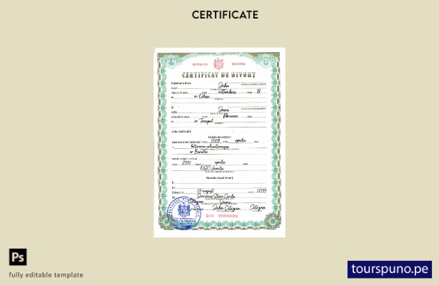 Plantilla de certificado de divorcio de Moldavia lista para imprimir